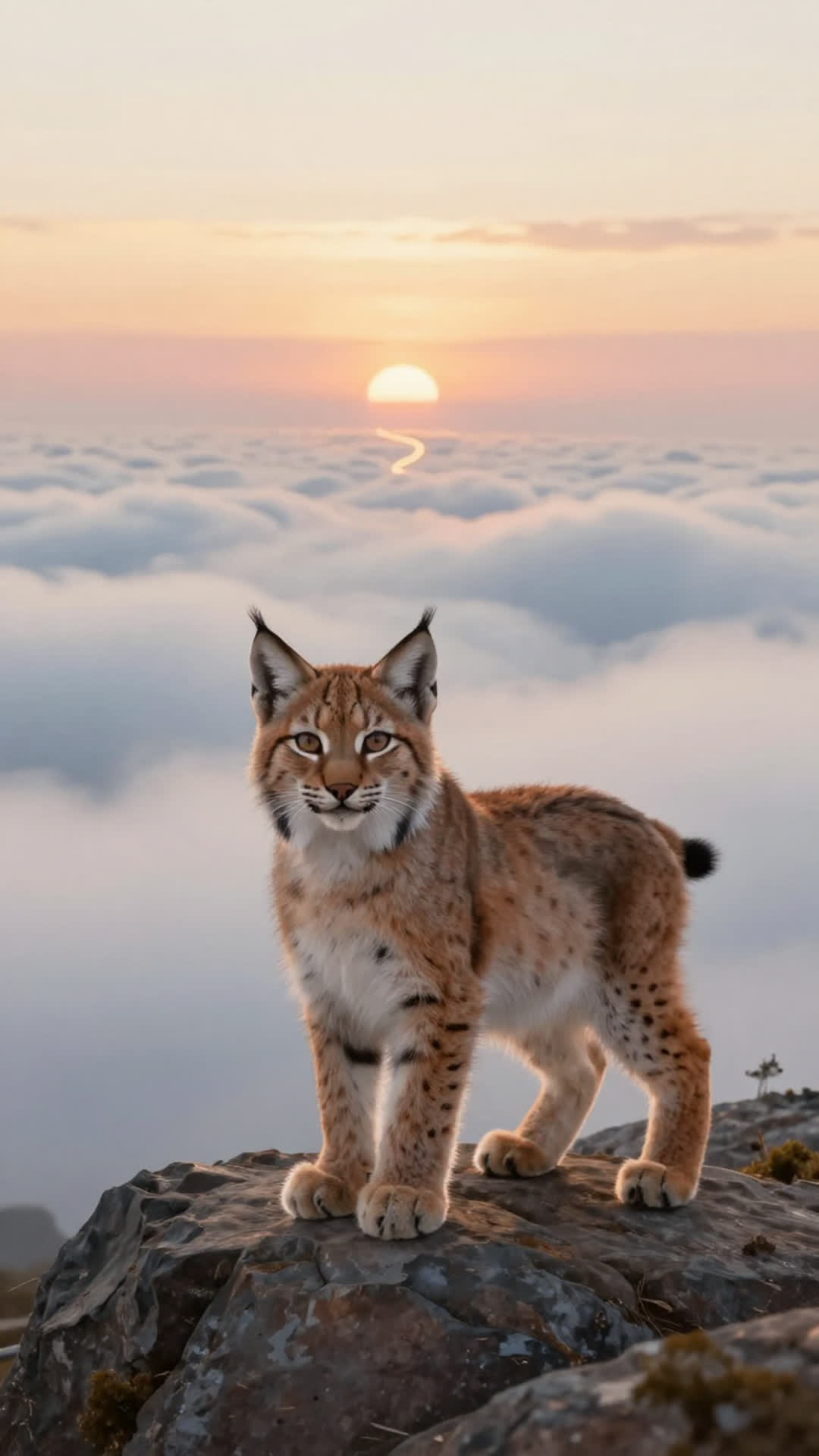 A young lynx standing on a rock above a sea of clouds at sunrise