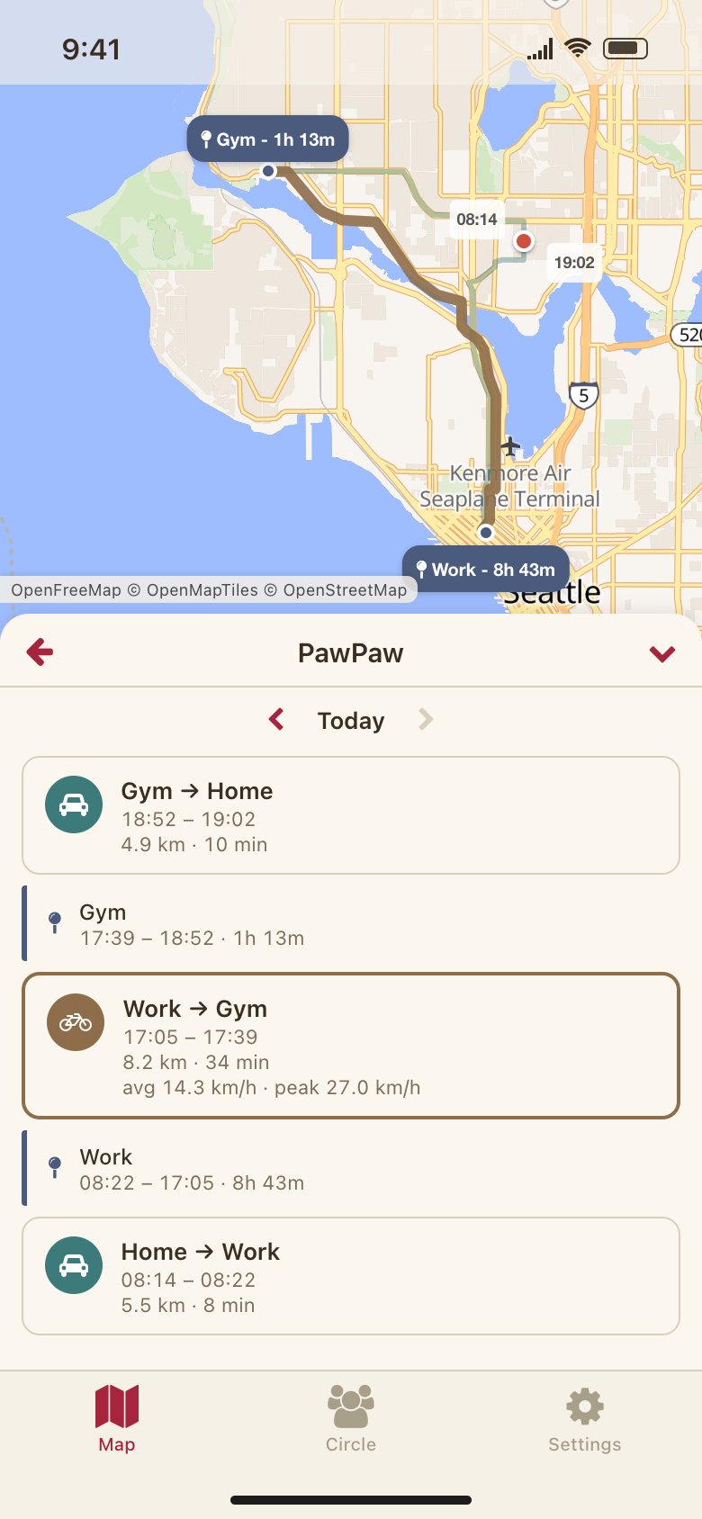 PawPaw's day drawn on the map with a timeline of trips and stops