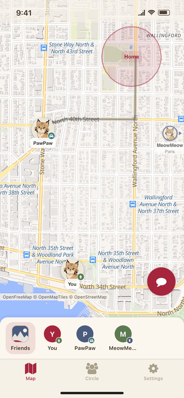 The Lūsis map in Seattle: you walking on Stone Way, PawPaw driving down Stone Way, and MeowMeow at the edge of the screen labelled Paris