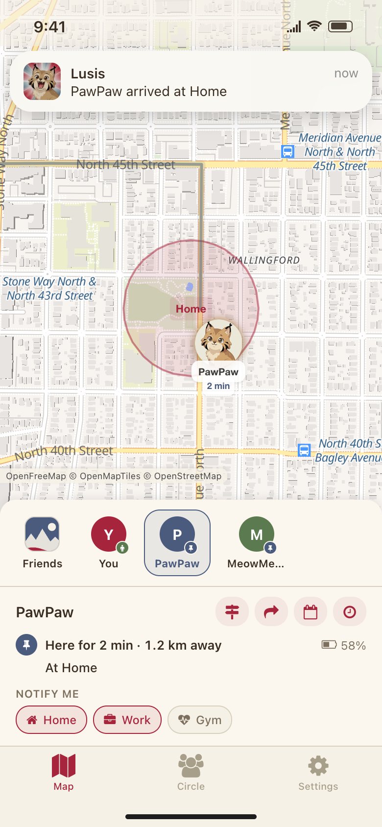 A notification saying PawPaw arrived at Home, with alerts for Home, Work and Gym